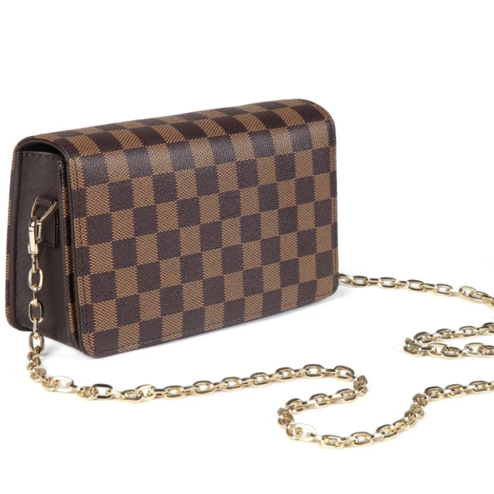 Designer Brown Checkered Chain Crossbody Clutch